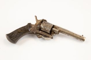 A Belgian 6 shot 7mm double action open frame pin fire revolver, 7" overall, octagonal barrel 3¼",