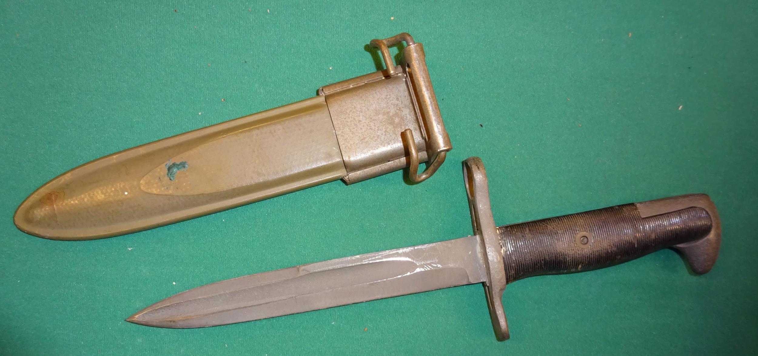 A US P17 bayonet, marked 1917, scabbard has 1910 belt mount (wire missing); another cut down to form - Image 2 of 3