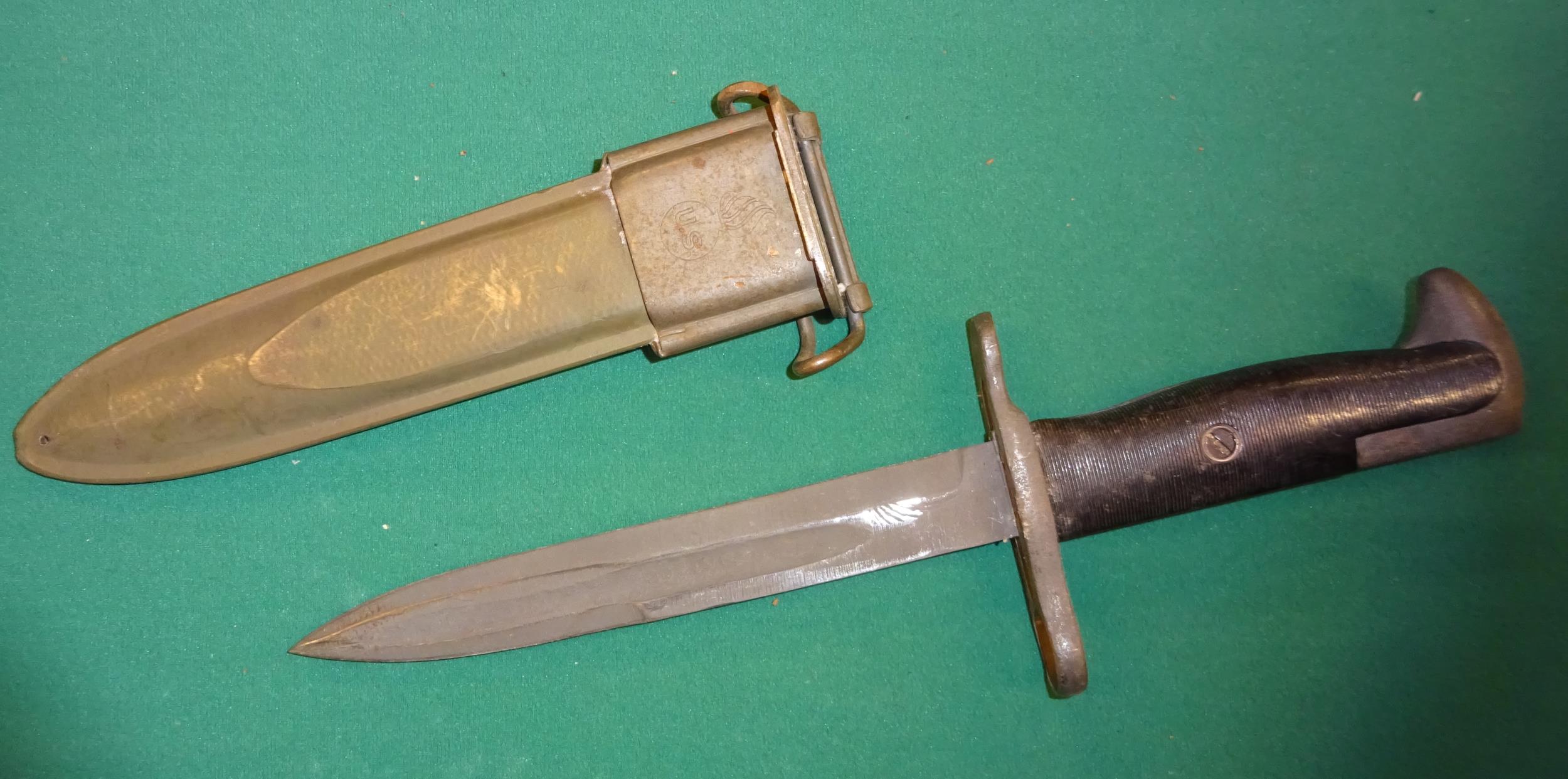 A US P17 bayonet, marked 1917, scabbard has 1910 belt mount (wire missing); another cut down to form - Image 3 of 3