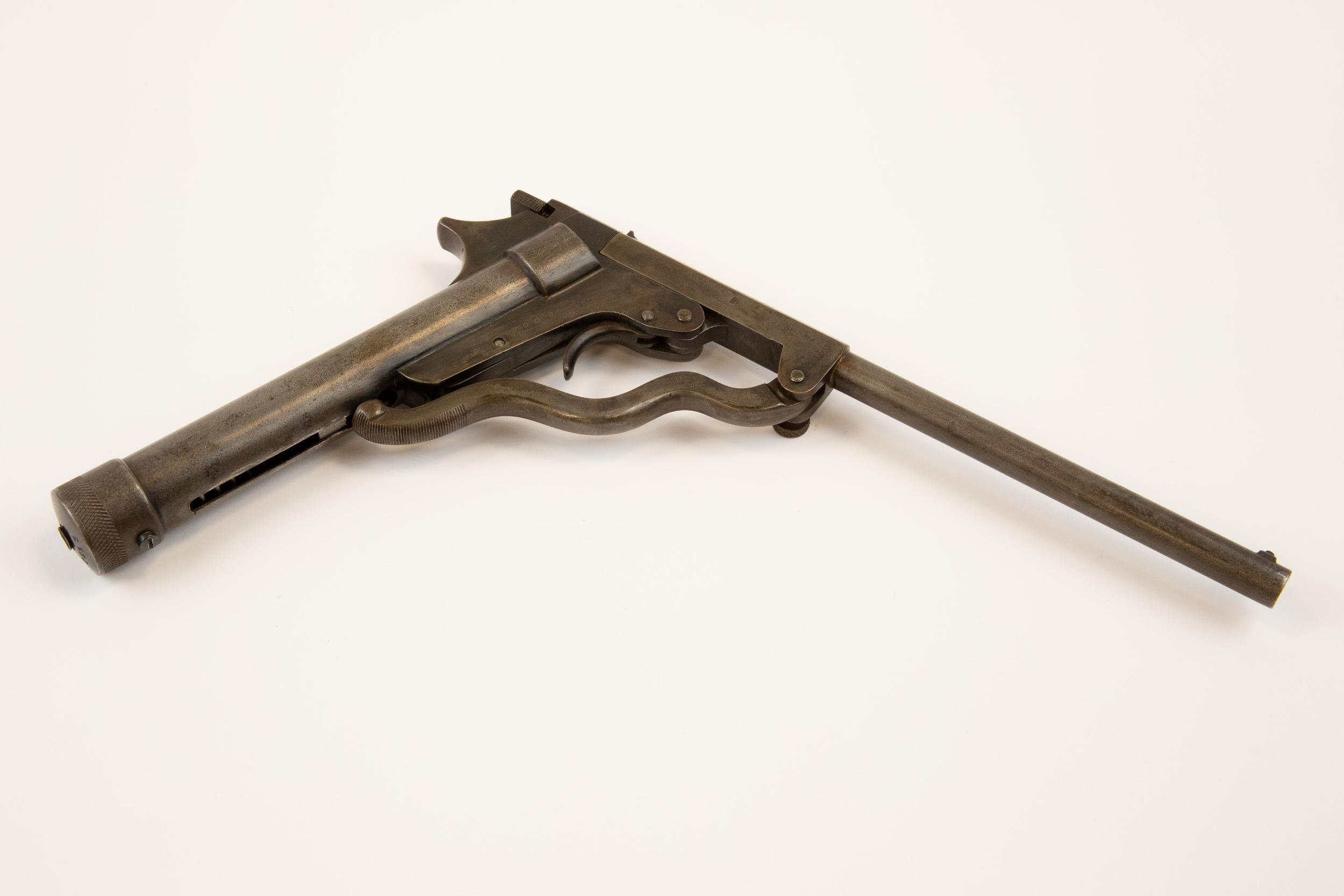 A scarce .177" Lincoln Jeffries "the Lincoln" all steel air pistol with extended butt/air