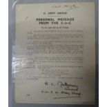 A printed paper D Day "Personal Message from the C-in-C, to be read out to all Troops", explaining