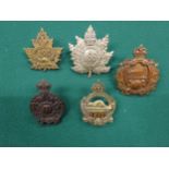 5 WWI CEF Infantry cap badges: 156th, 166th, 176th, 177th Simcoe Foresters by Ellis, and 178th "