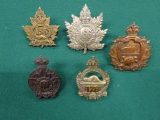 5 WWI CEF Infantry cap badges: 156th, 166th, 176th, 177th Simcoe Foresters by Ellis, and 178th "
