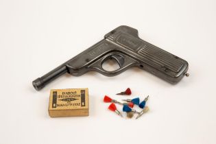 A .177" Diana first model tin plate air pistol, embossed "Diana" above the trigger guard, the ribbed