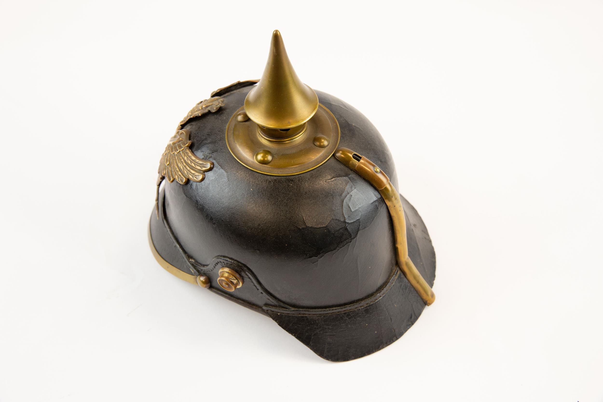 A WWI Bayern Pickelhaube, with brass badge, spike and mounts. GC (the skull leather slightly crazed, - Image 2 of 2