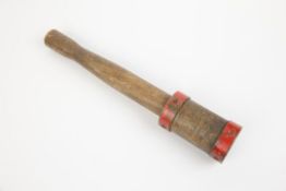 A WWII German dummy or practice stick grenade, 14" overall, of turned wood with red painted metal