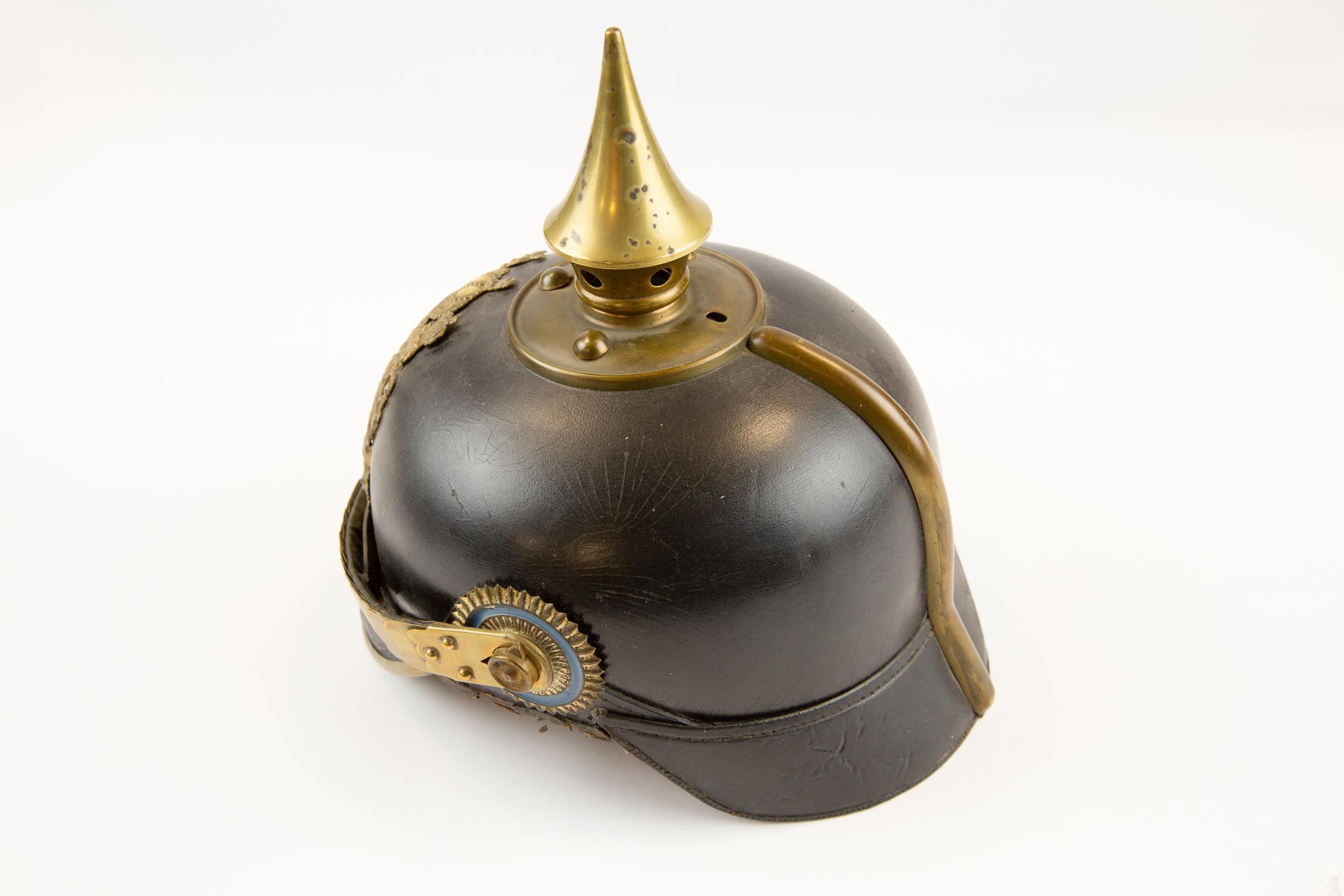A WWI Bavarian NCOs Pickelhaube, with brass badge, spike, mounts and chinscales, and with leather - Image 2 of 2