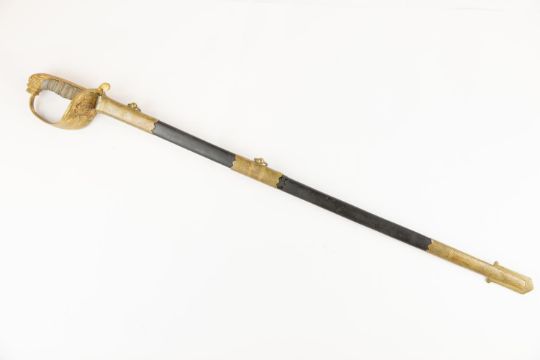 A Victorian Naval officer's sword, blade 31½" etched with crowned anchor, Royal Arms and panels of - Image 3 of 3