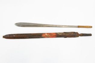 A Masai sword, Seme, slender blade 24", with leather covered ribbed wooden grip (incomplete), in its