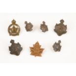 7 WWI CEF badges: 1st Depot Bn Nova Scotia Regt cap badge by Scully; 1st Depot Bn British Columbia