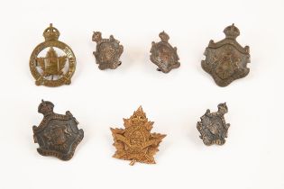 7 WWI CEF badges: 1st Depot Bn Nova Scotia Regt cap badge by Scully; 1st Depot Bn British Columbia