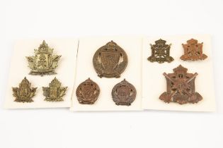 3 sets of WWI CEF Infantry cap and pair of collar badges: 224th (one collar slightly worn), 230th,