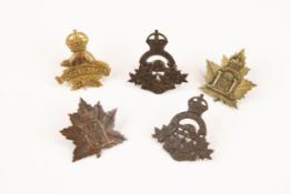 5 WWI CEF cap badges: Army Dental Corps, "O.S." and "D.S." types; and Canadian Army Pay Corps, large