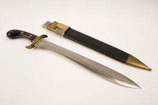 An unusual Swedish sidearm, heavy leaf shaped blade 17", brass mounted wood gripped hilt. In its