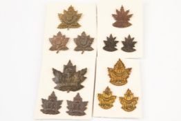 4 sets of WWI CEF Infantry cap and pair collar badges: 4th "Canada" only type, 27th, 35th, and