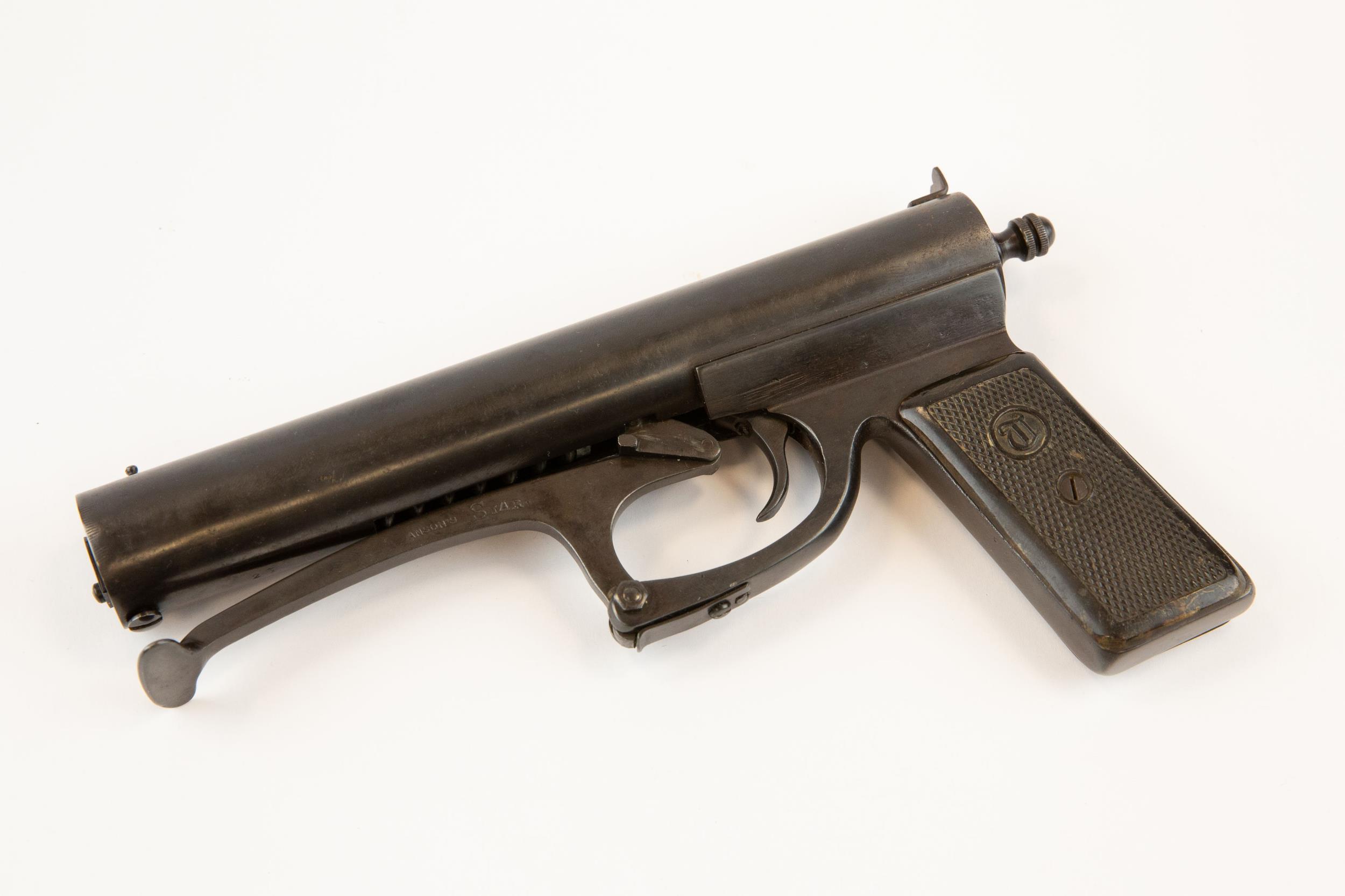 A rare .177" Anson's "Star" underlever air pistol, number 23, the chequered pressed horn grips - Image 2 of 2