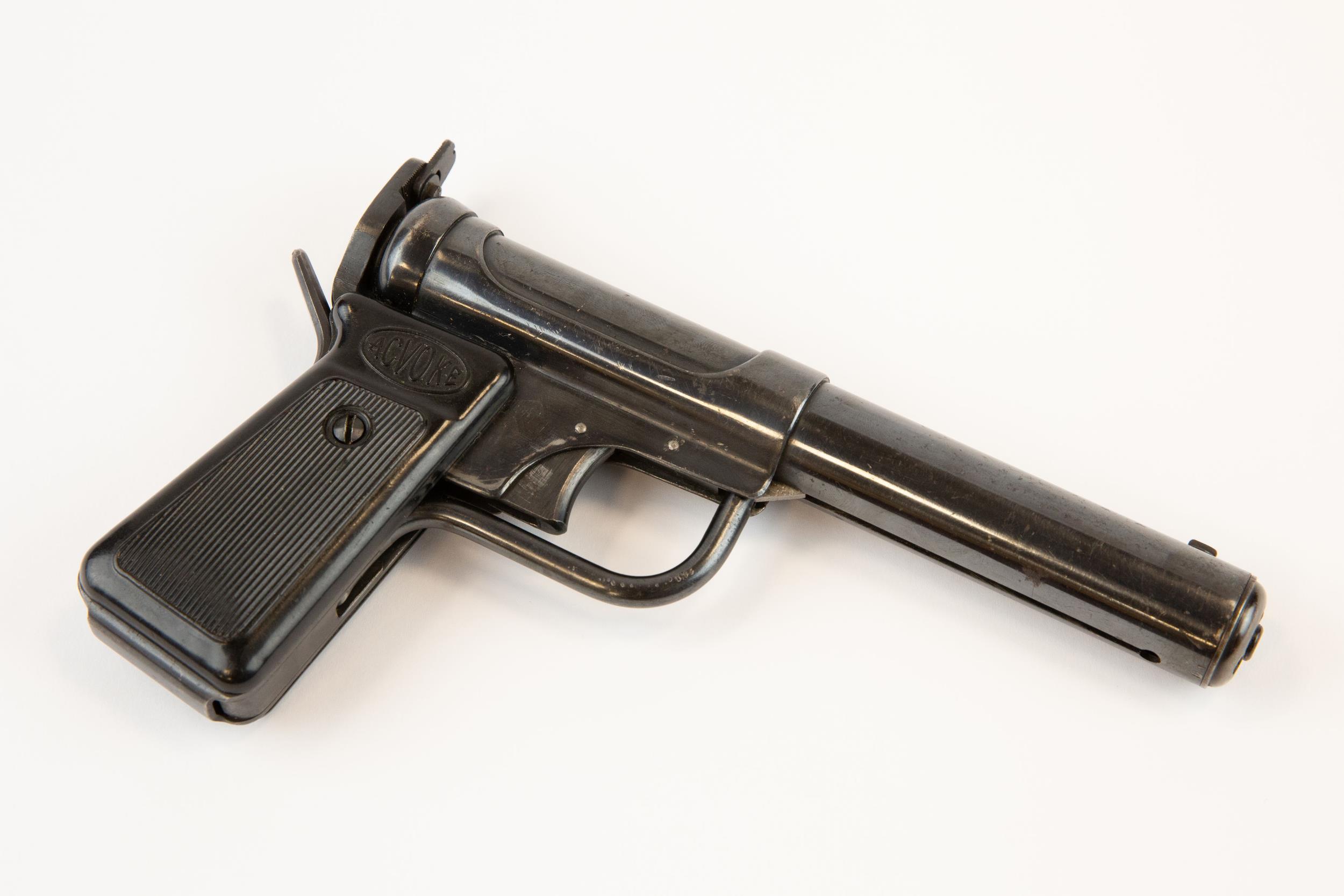A .177" Accles & Shelvoke "Acvoke" air pistol, number 17087, the rear air cylinder seal marked "