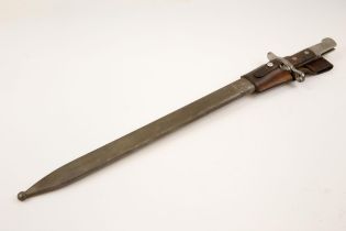A Swiss M1906 Schmidt Rubin bayonet, saw back blade 19", marked "HS/W 1938", the crosspiece numbered