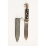 A small size German Youth knife, plain blade 4-3/8", bright plated hilt with chequered black grips