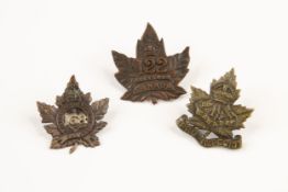 3 WWI CEF Infantry cap badges: 48th with "Pro Imperis" scroll; 122nd, plain maple leaf type; and
