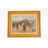 An oil painting on canvas of 19th Century French Infantry, including bandsmen and a mounted officer,