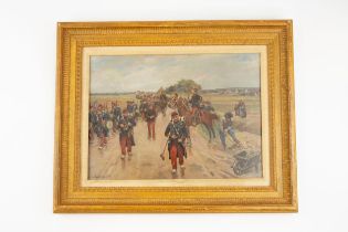 An oil painting on canvas of 19th Century French Infantry, including bandsmen and a mounted officer,
