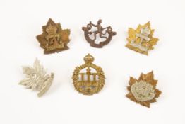 6 WWI CEF Infantry cap badges: 1st by Tiptaft, 2nd, 3rd by Gaunt, 4th by Reich, 6th by Hicks, and