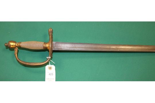 A 1796 Infantry officer's sword, blade 31" with traces of etched crown over "GR" etc, gilt brass