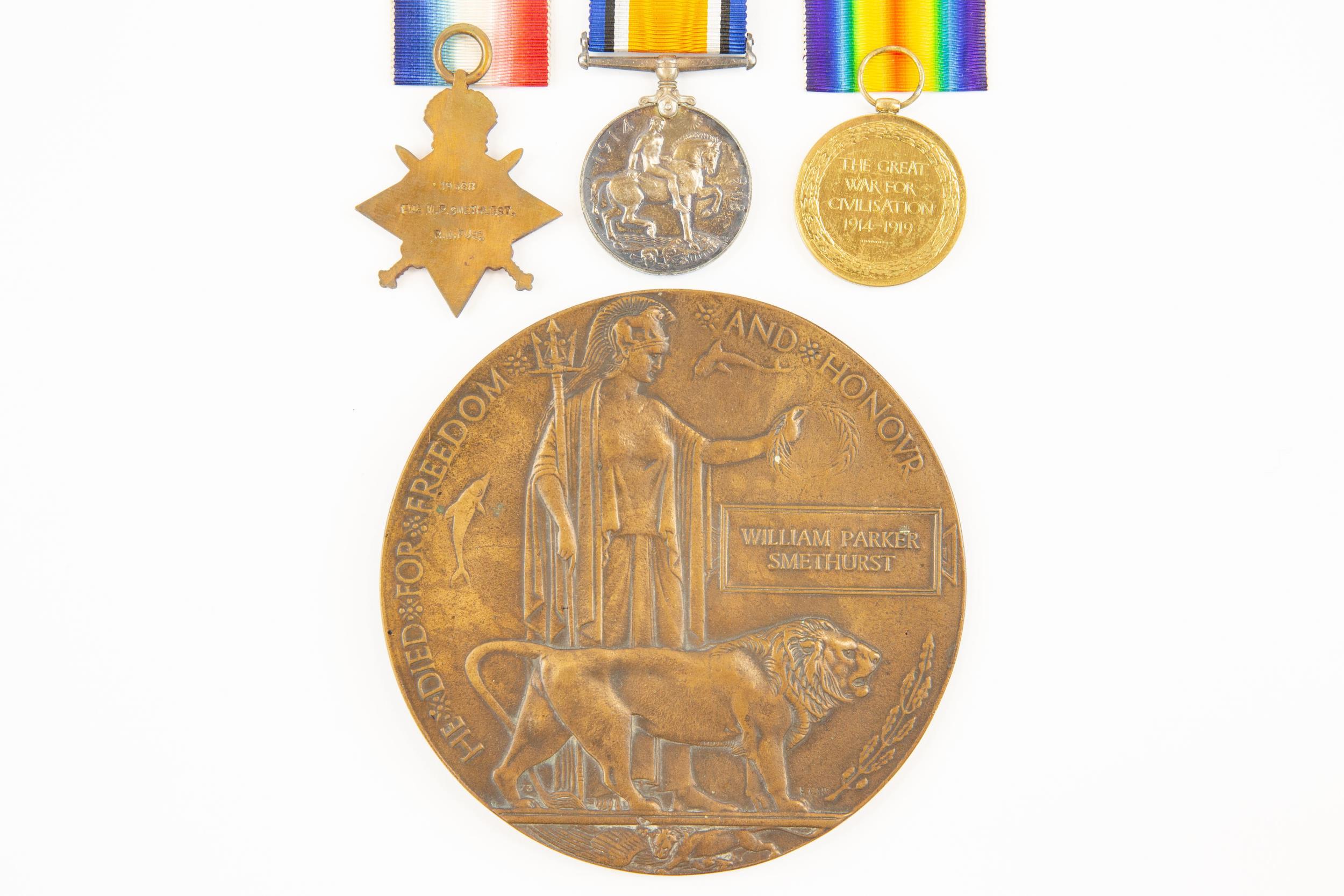 Three: 1914-15 star, BWM, Victory (19368 Pte W P Smethurst, R W Fus), GVF, with a Memorial Plaque to - Image 2 of 2