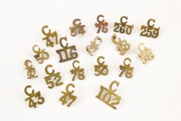 18 WWI CEF "C/ bar/ number" Infantry brass collar badges: 38, 42 (pair), 43, 47 (pair), 50 (pair),