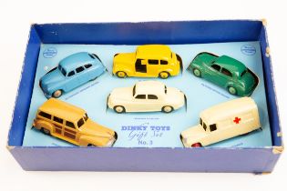 Dinky toys gift set No.3, passenger cars. set contains Standard Vangaurd saloon in blue with fawn