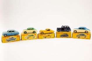 5 Dinky Toys. Austin Taxi (254), dark blue. Rover 75 Saloon (156), blue & cream. Jaguar XK120 (157),