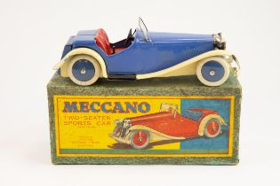 A scarce 1930's Non Constructor Meccano Two-Seater Sports Car. An example in blue with red seats,