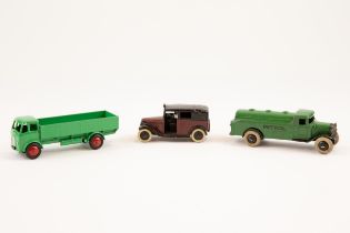 3 Dinky Toys. A just pre-war Petrol Tank Wagon (25d), in dark green, with PETROL to sides, smooth