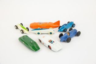 5 well restored early Dinky Toys Racing Cars. Mercedes-Benz, Thunderbolt Record Car, 2x Racing