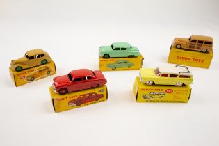 5 Dinky Toys. Triumph 1800 Saloon (151), fawn. Ford Fordor Sedan (170), red. Studebaker Land Cruiser