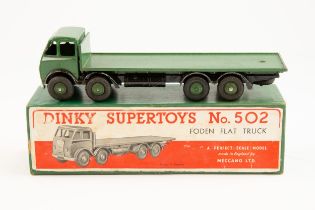 Dinky Supertoys Foden Flat Truck (502). 1st type with DG cab, cab and rear body in dark green,