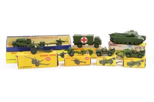 7 Dinky Toys. All in olive green. 25-Pounder Field Gun Set (697). Centurion Tank (651). Military