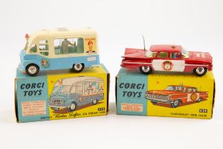 2 Corgi toys. No.439 Chevrolet fire chief car finished in red with yellow interior with driver and