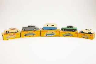 5 Dinky toys. No.195 Jaguar 3.4 saloon in ivory finish, No.165 Humber Hawk in 2 green and black,