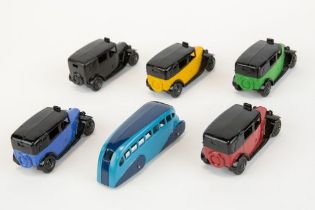 6 well restored Dinky Toys TAXI's (36g). Colour variations blue, light green, black, red and yellow.
