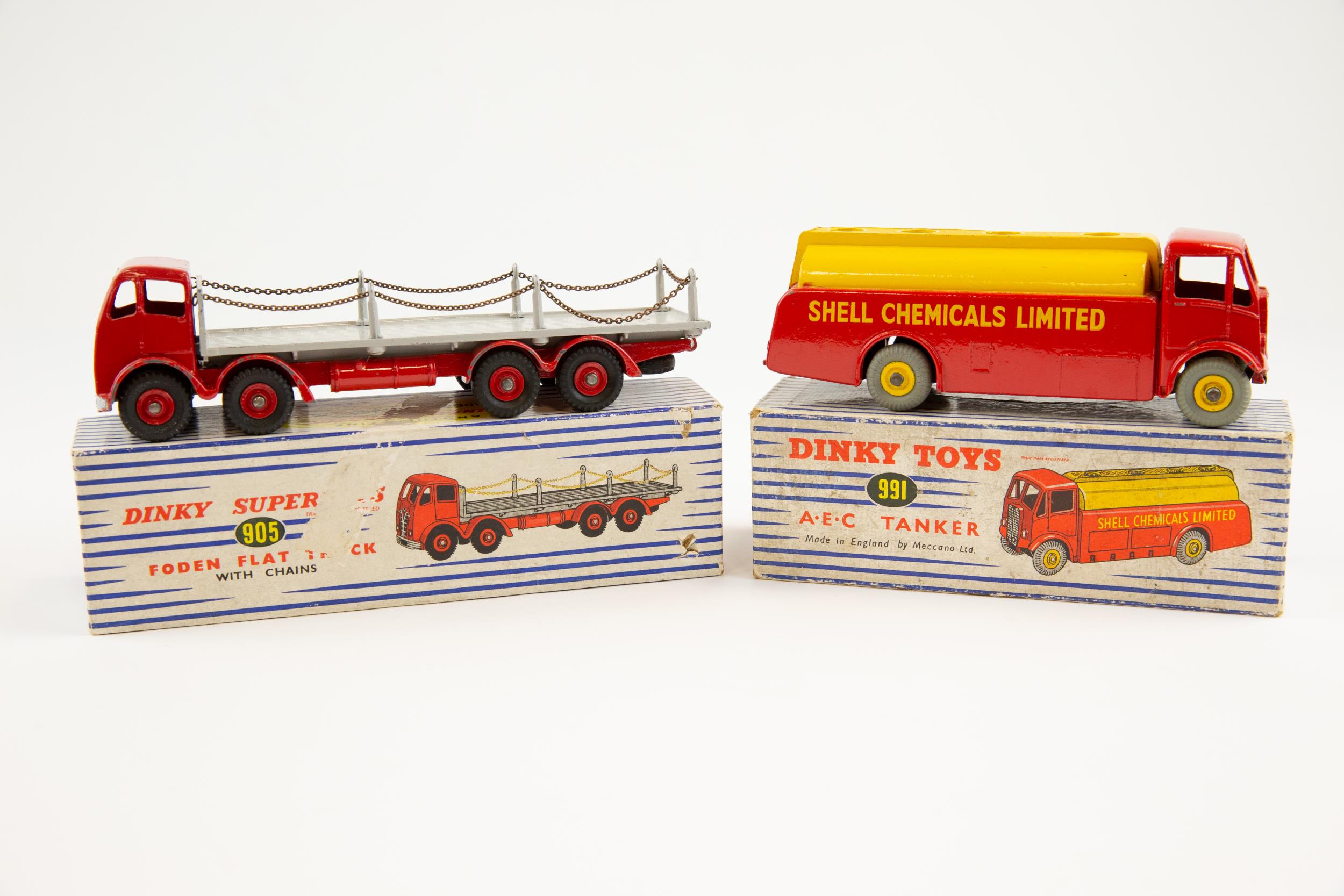 2 Dinky toys. No.991 A.E.C tanker Shell chemicals limited, red body with yellow tanks and wheel