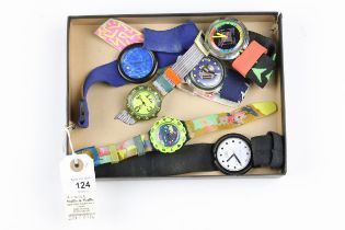 6 vintage pop swatch watches. All are used and have scratches to the glass, original straps. Will