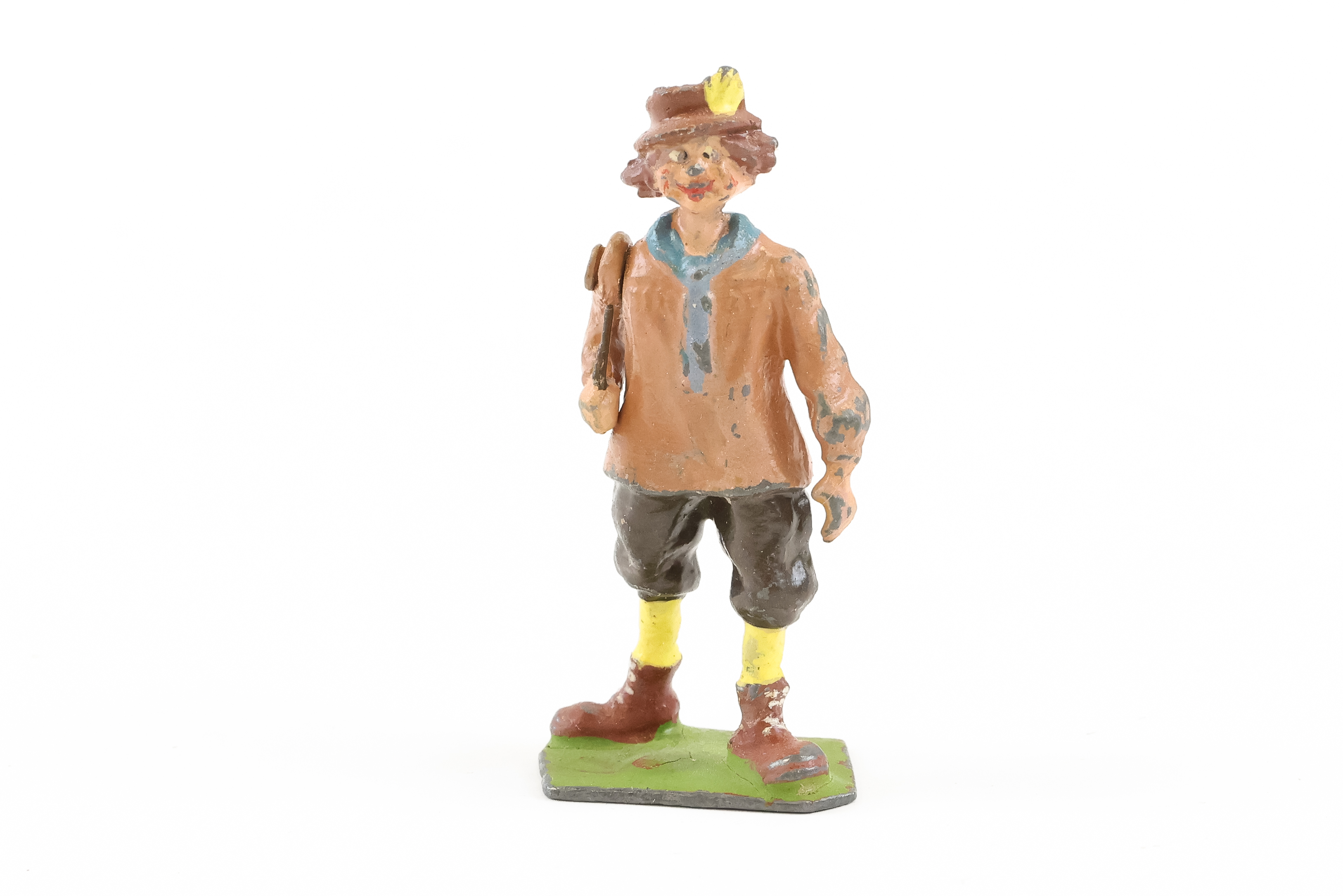 A scarce Britains lead figure of "the village idiot", dressed in light poink top, blue scarf,