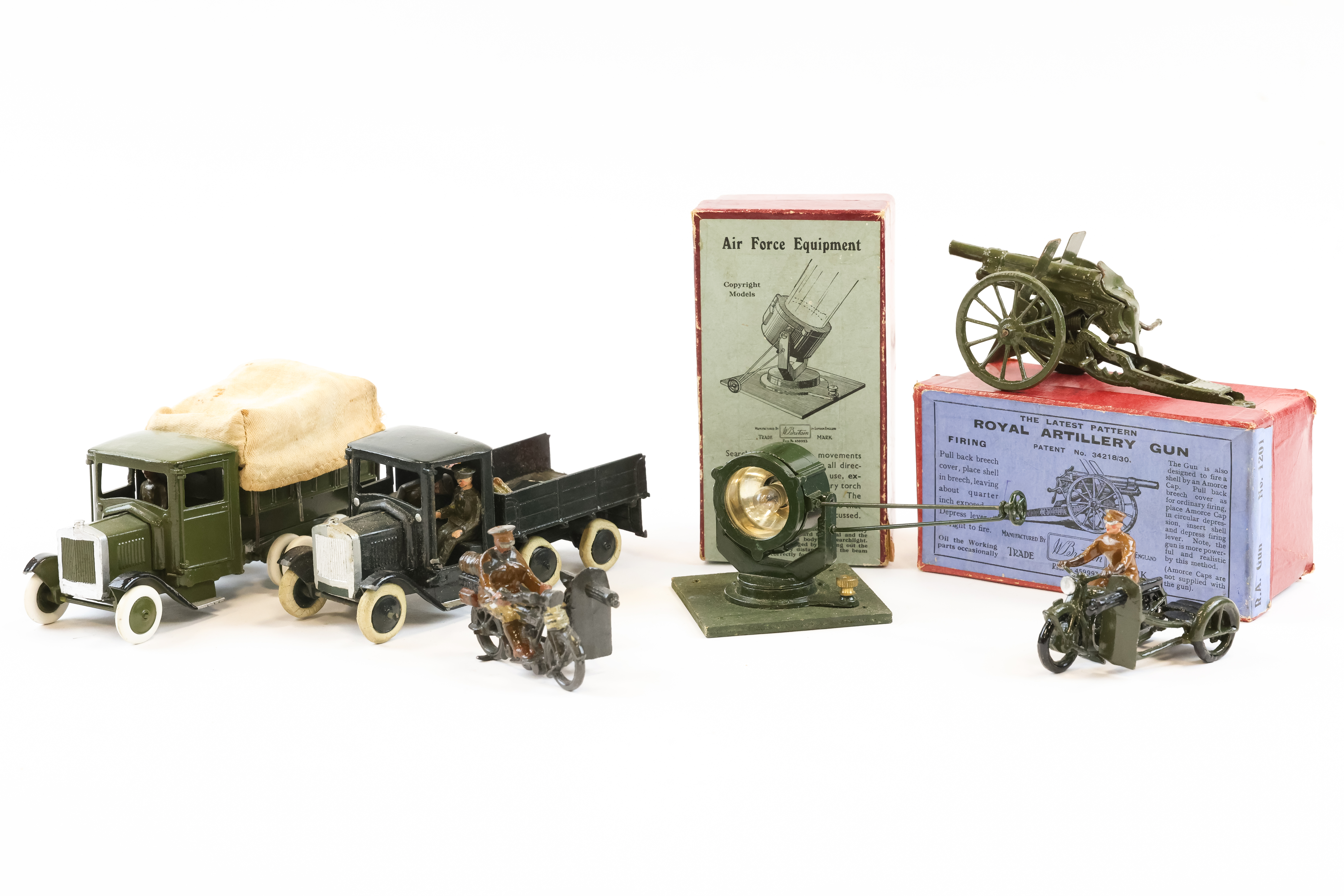 Britians lead toys. Includes 2 motorcycle machine gunner corps, both original with figures, a