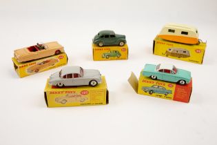 5 Dinky Toys. Ford Capri (143) in turquoise with white roof with red interior. A Packard Convertible