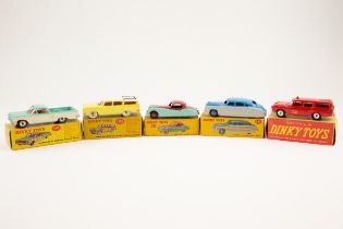 5 Dinky Toys. Jaguar XK120 Coupe (157), turquoise/cerise. Hudson Commodore Sedan (171), blue/grey.