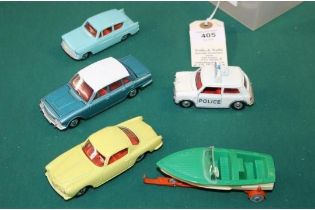 5 Dinky Toys. Austin Mini Cooper 'S' POLICE in white. Ford Anglia in turquoise. Alfa Romeo Coupe