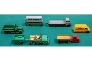 6 Dinky Toys. Guy flatbed with tailboard. In light grey with black chassis and wheels. Land Rover in