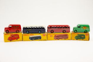 4 Dinky Toys. Duple Roadmaster Coach (282), red. B.O.A.C. Coach (283), blue/white. 2x Trojan 15